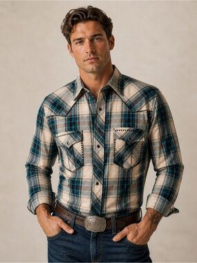 Cowboy Collection Lammles Western wear Plaid Button-Up Shirt Large 100% Cotton